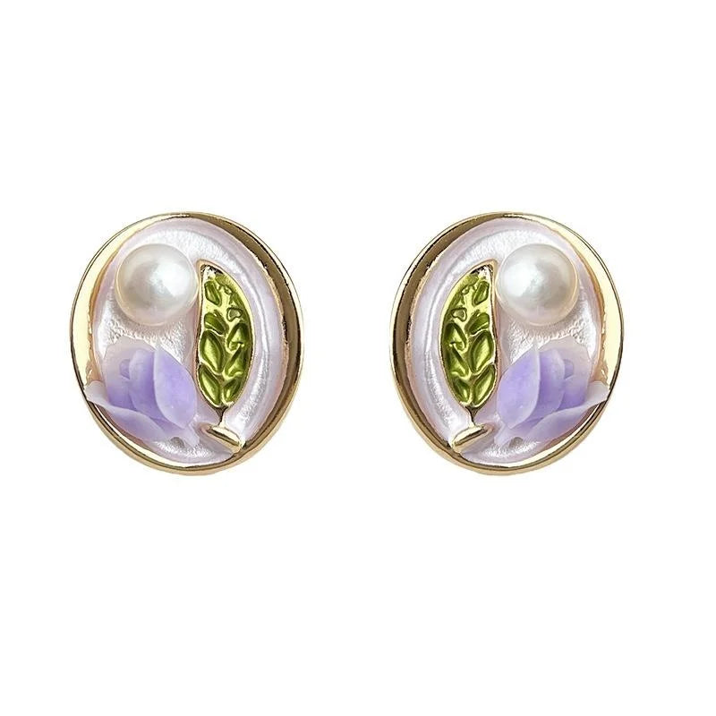 Freshwater Pearl Purple Tulip Hand Painted Enamel Stud Earrings Silver Plated Hepburn Floral Jewelry