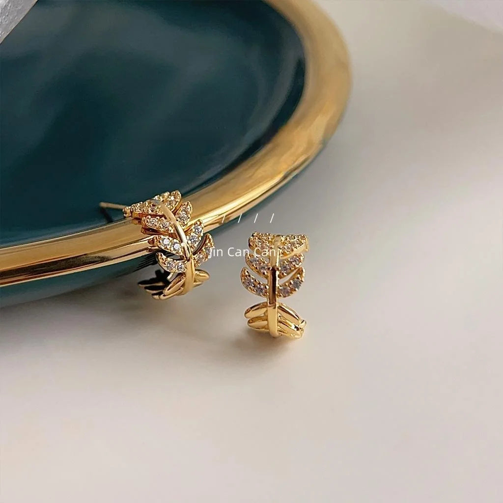 14K Gold Plated Copper Wheat Ear Micro Pave Zircon Stud Earrings Elegant Geometric Jewelry