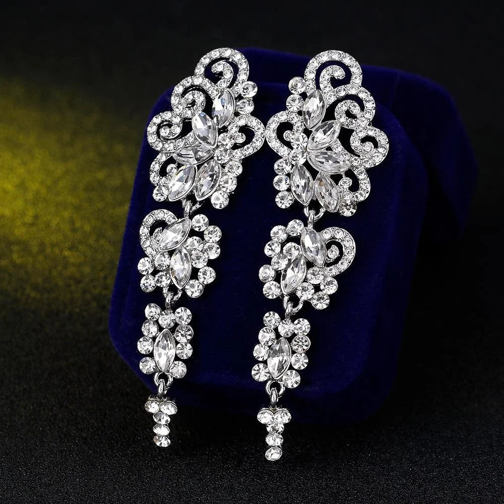 Luxury Hollow Scroll Alloy Rhinestone Long Drop Earrings For Bridal Wedding Party Banquet Jewelry