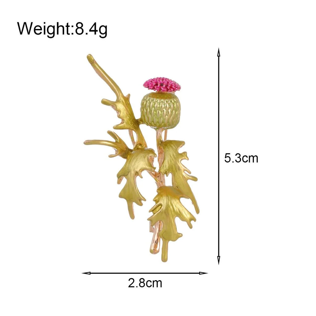 Elegant Enamel Thistle Flower Brooch With Green Leaves, Alloy Floral Lapel Pin Corsage Suit Accessory