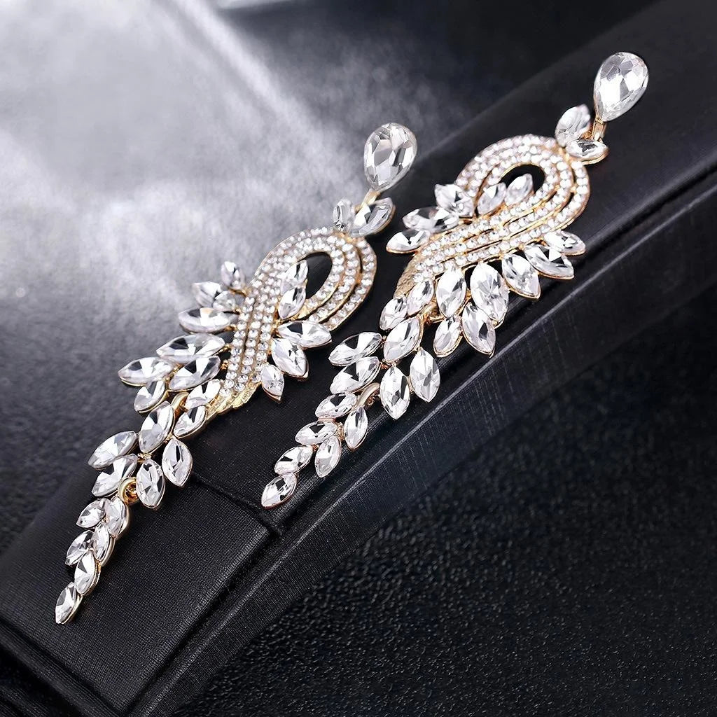 Luxury Green Crystal Leaf Tassel Earrings, Gold Alloy Rhinestone Geometric Dangle Jewelry For Wedding Party