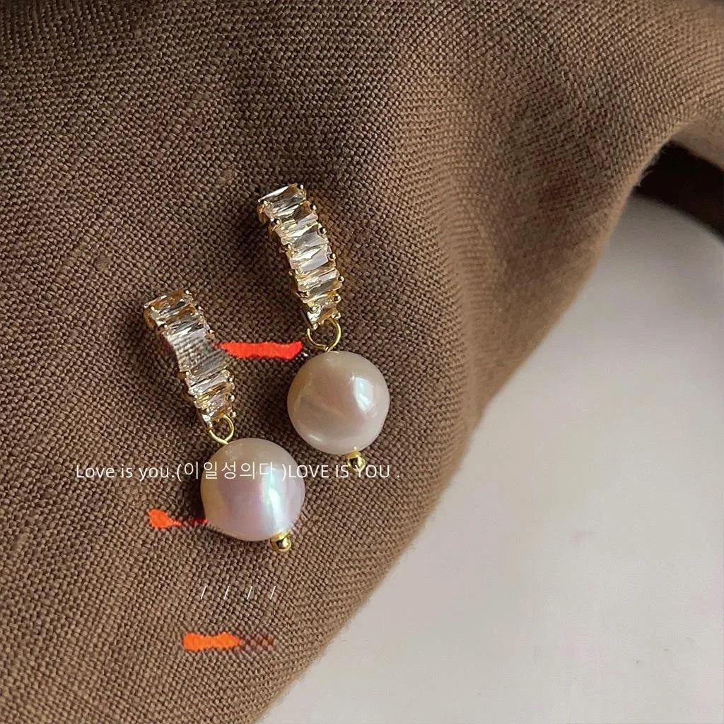 Light Luxury Irregular Freshwater Pearl Stud Earrings With Micro Pave Zircon Curved Copper Design