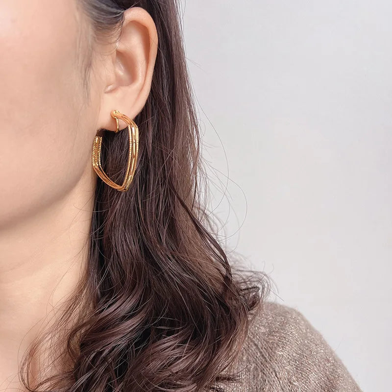 Elegant Gold Alloy Multi Layer Square Hoop Stud & Clip On No Piercing Geometric Hong Kong Style Earrings