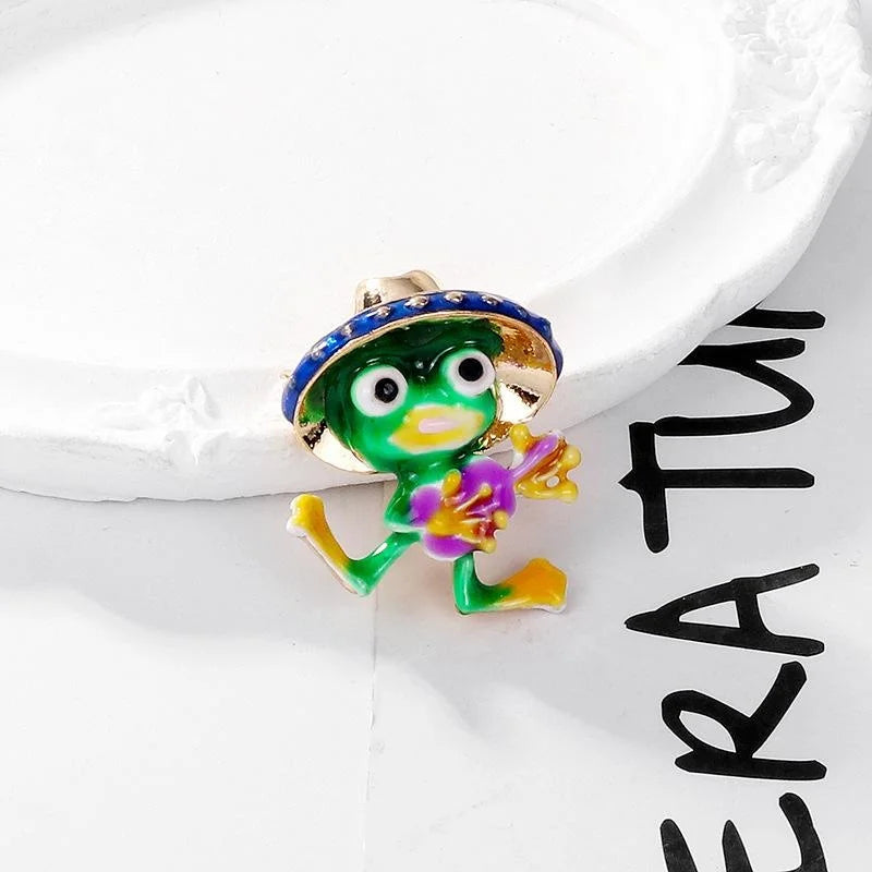 Cute Cartoon Green Frog Enamel Alloy Brooch With Hat, Animal Lapel Pin Coat Corsage Suit Accessory Gift