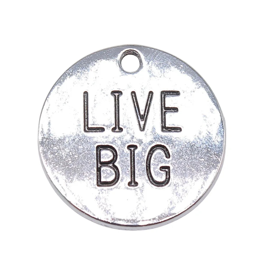 25x25mm 4.8g Antique Zinc Alloy Round LIVE BIG Word Tag Letter Charm Pendant for DIY Bracelet Necklace