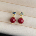 Handmade Vintage Chinese Court Style Red Enamel Glass Pearl Floral Drop Earrings With Auspicious Pattern