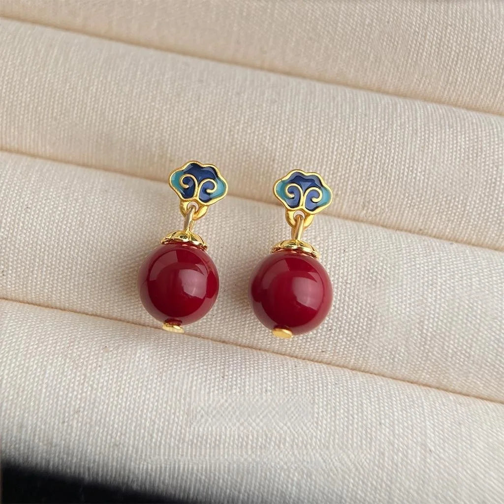 Handmade Vintage Chinese Court Style Red Enamel Glass Pearl Floral Drop Earrings With Auspicious Pattern