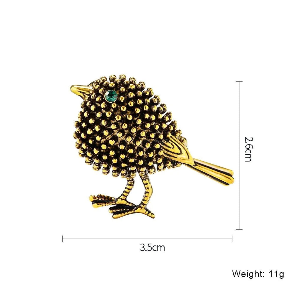 Vintage Gold Tone Alloy Sparrow Bird Brooch With Green Rhinestone Eye, Elegant Lapel Pin Suit Accessory Gift