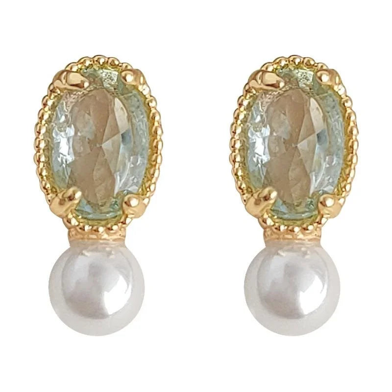 14K Gold Plated Copper Mini Pearl Stud Earrings With Aquamarine Zircon Geometric Minimalist Design