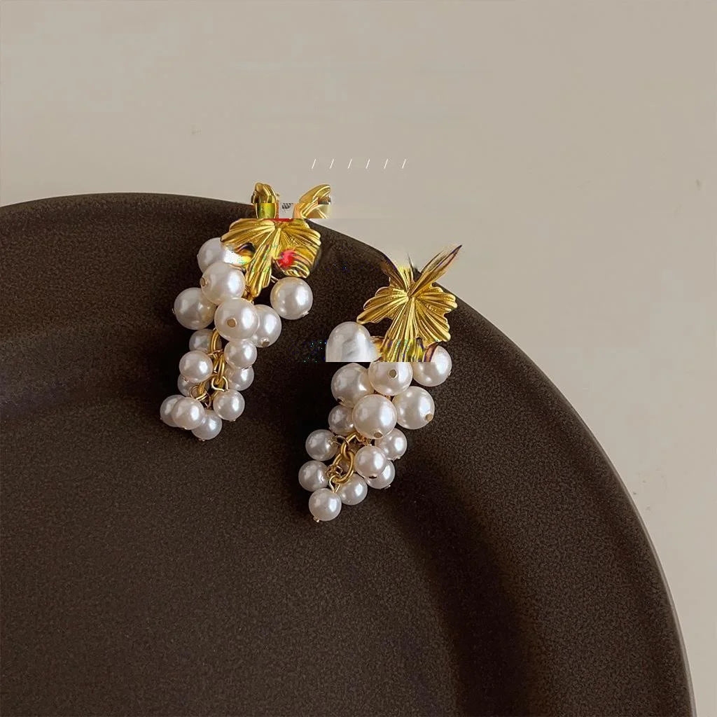 Vintage French Grape Floral Glass Pearl Stud Earrings Matte Silver Plated Luxury Handmade Jewelry