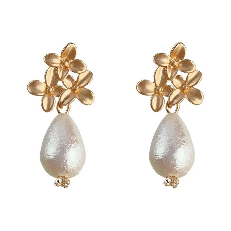 Light Luxury Matte Petal Cotton Pearl Drop Earrings Copper Floral Teardrop Jewelry