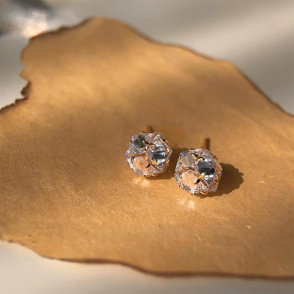 14K Plated Copper Round Geometric Zircon Stud Earrings Light Luxury Style