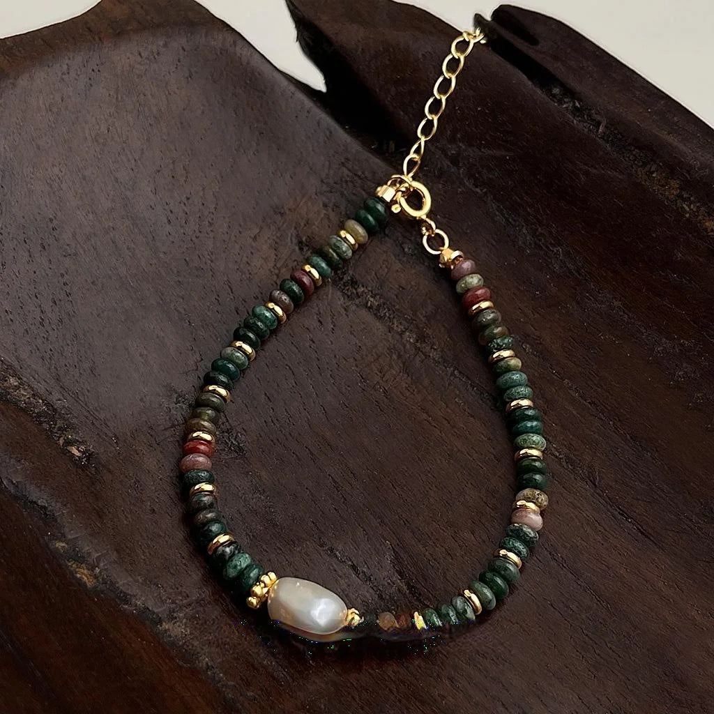 Natural Stone Indian Agate Freshwater Pearl Handmade Ethnic Vintage Geometric Bracelet