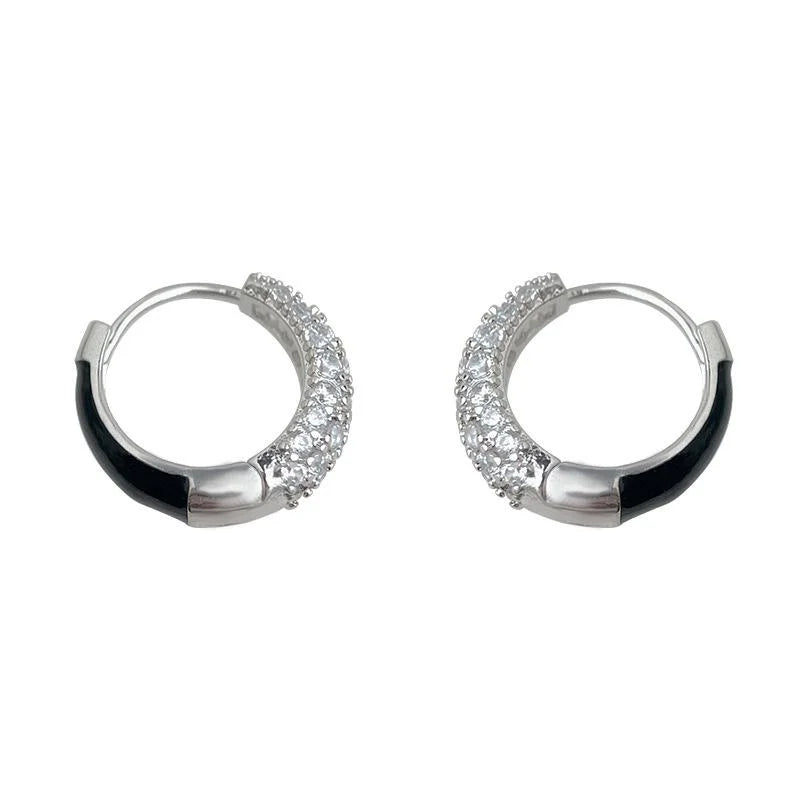 Luxury Black Enamel Geometric Round Zircon Micro Pave Stud Earrings For Women