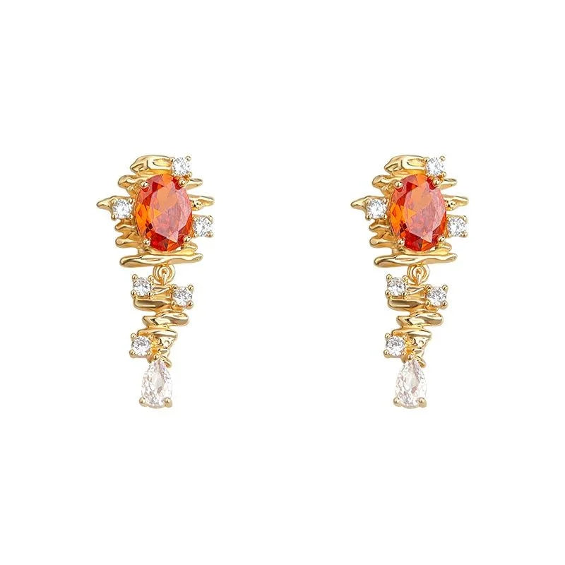 Vintage Ethnic Copper Orange Red Zircon Crown Tassel Chain Drop Earrings