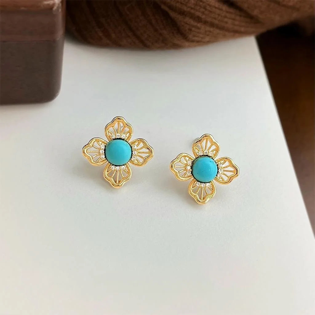 Vintage Hollow Lace Floral Geometric Copper Stud Earrings With Synthetic Turquoise Zircon