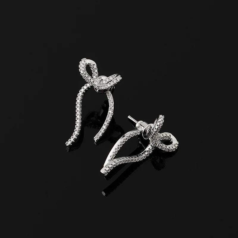 Elegant Zircon Rhinestone Bowknot Swirl Drop Stud & Clip On No Piercing Back Hanging Earrings