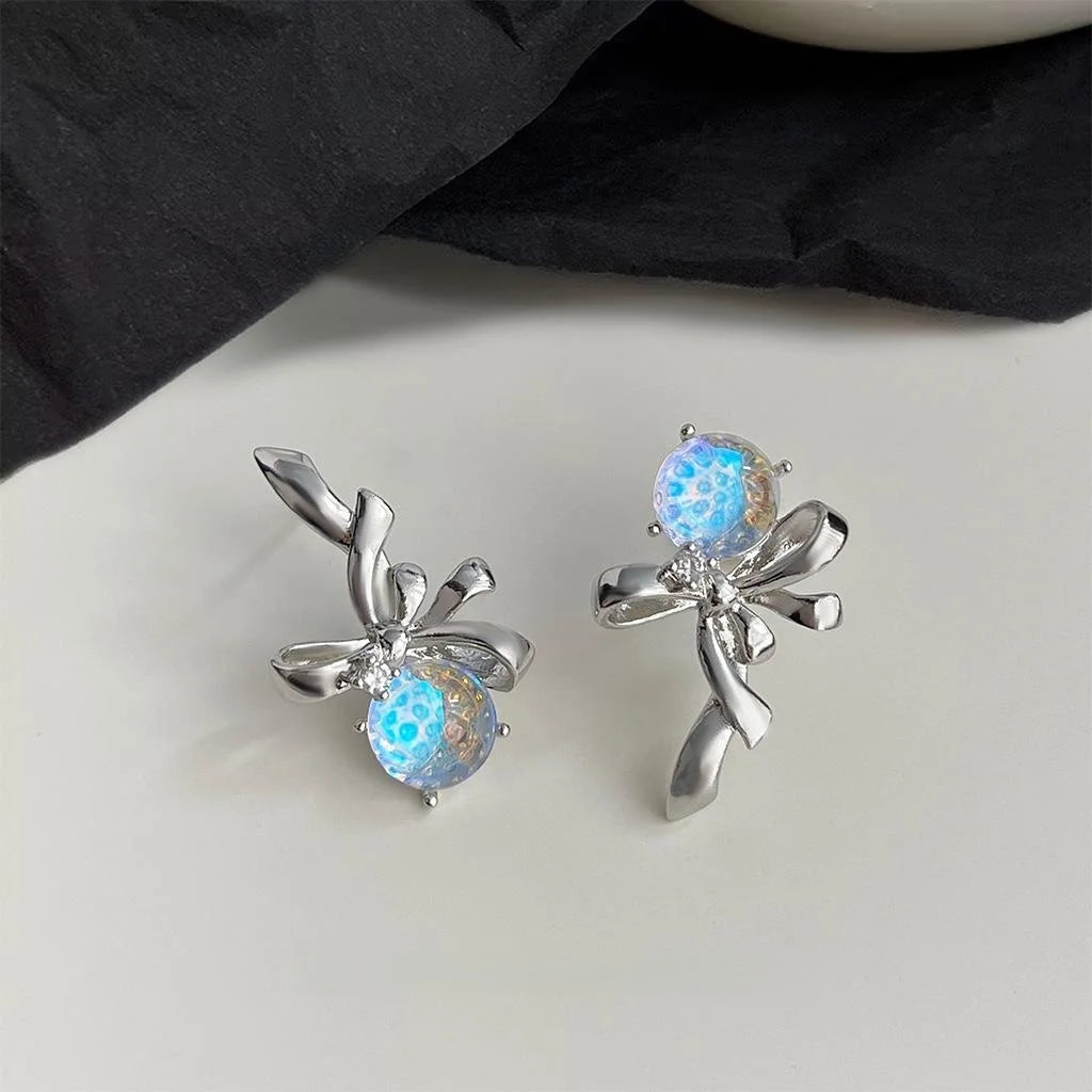 Sweet Cool Asymmetric Bow Liquid Rose Stud Earrings Copper Zircon Glass Floral Jewelry