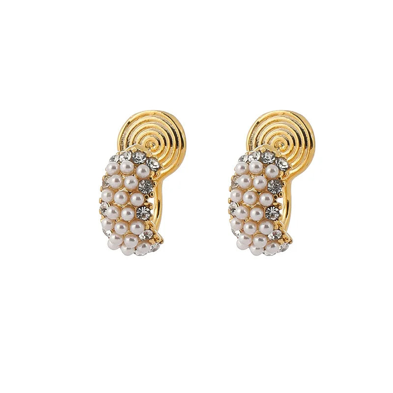 Elegant C Shape Pearl Rhinestone Alloy Stud & Clip On No Piercing Small Huggie Hoop Women's Earrings
