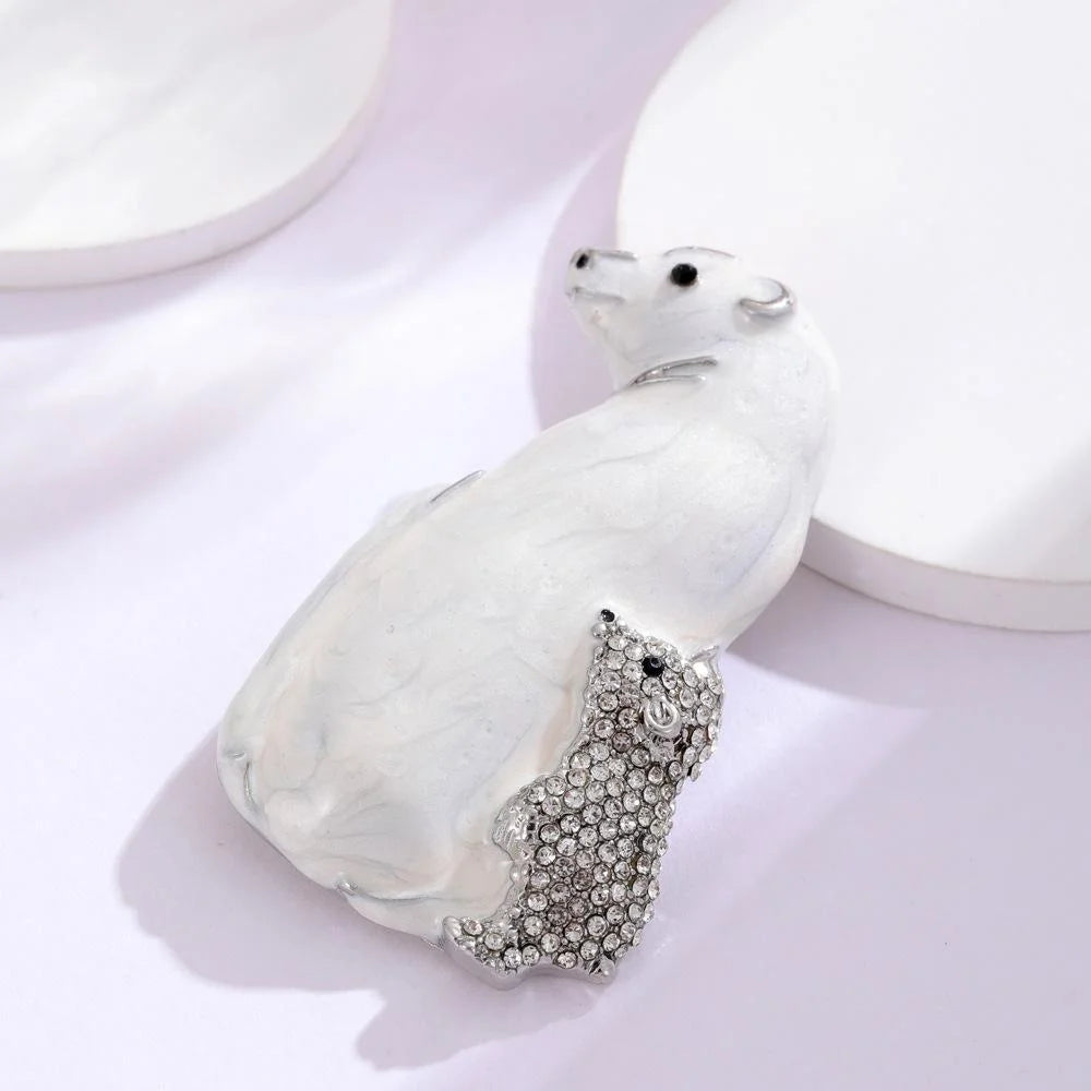 Cute Enamel Polar Bear And Cub Brooch With Rhinestones, Elegant Animal Lapel Pin Gift For Coat