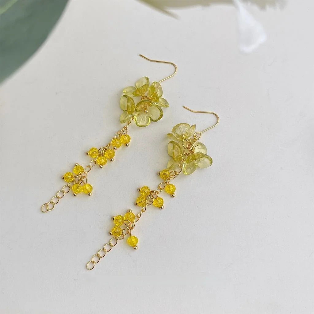 Summer Lemon Glass Crystal Acrylic Flower Tassel Chain Drop Earrings Forest Vacation Style