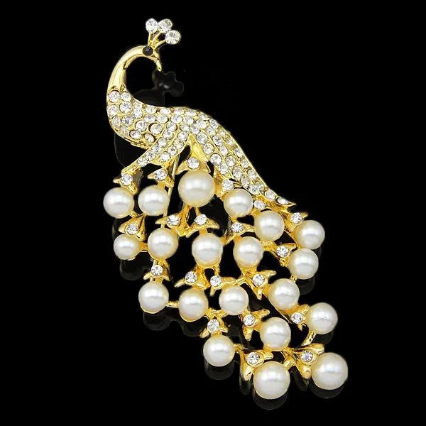Elegant 18K Gold Plated Peacock Brooch With White Faux Pearls And Rhinestones, Luxury Lapel Pin Gift