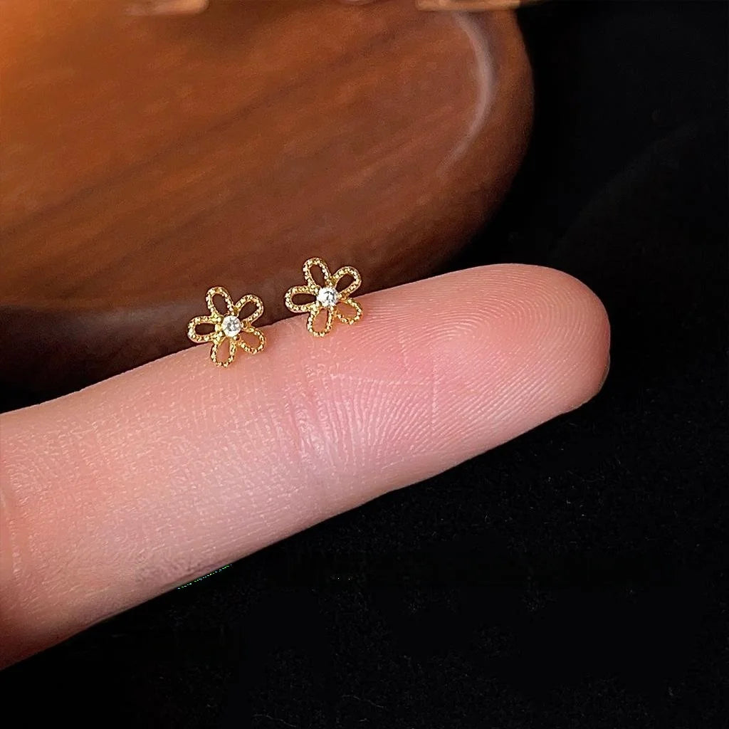 Mini Zircon Flower Stud Earrings 14K Gold Plated Copper Sweet Minimalist Jewelry