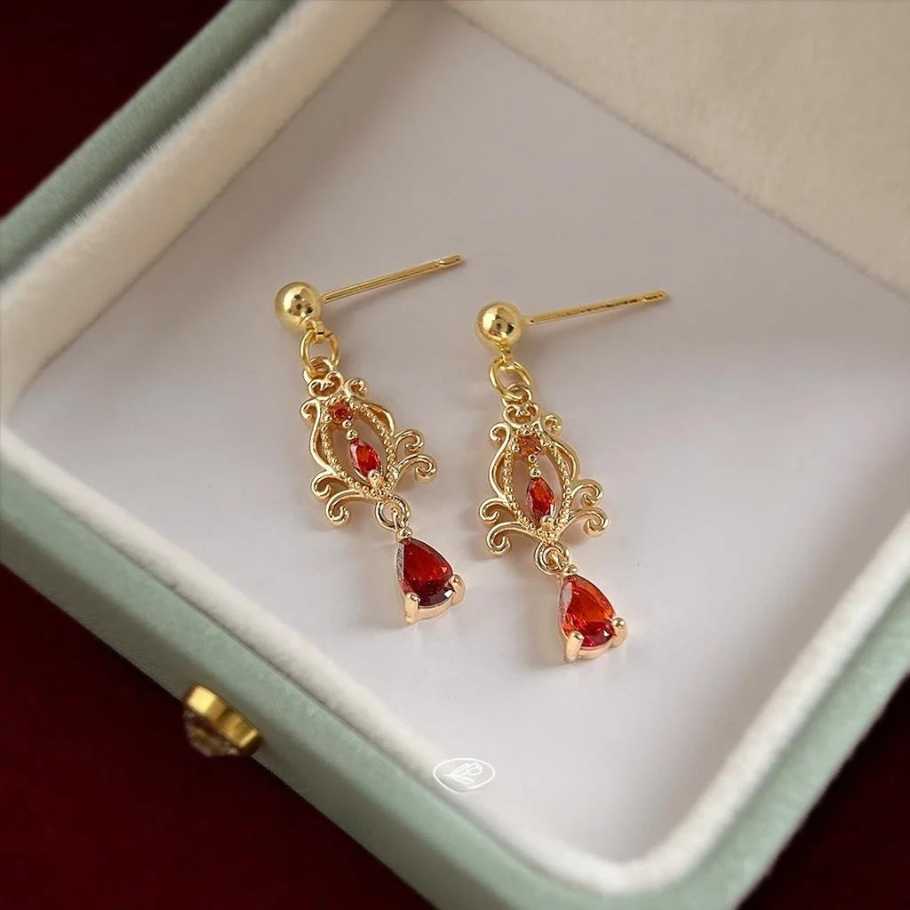Vintage Court Style Burgundy Zircon Copper Long Tassel Drop Earrings