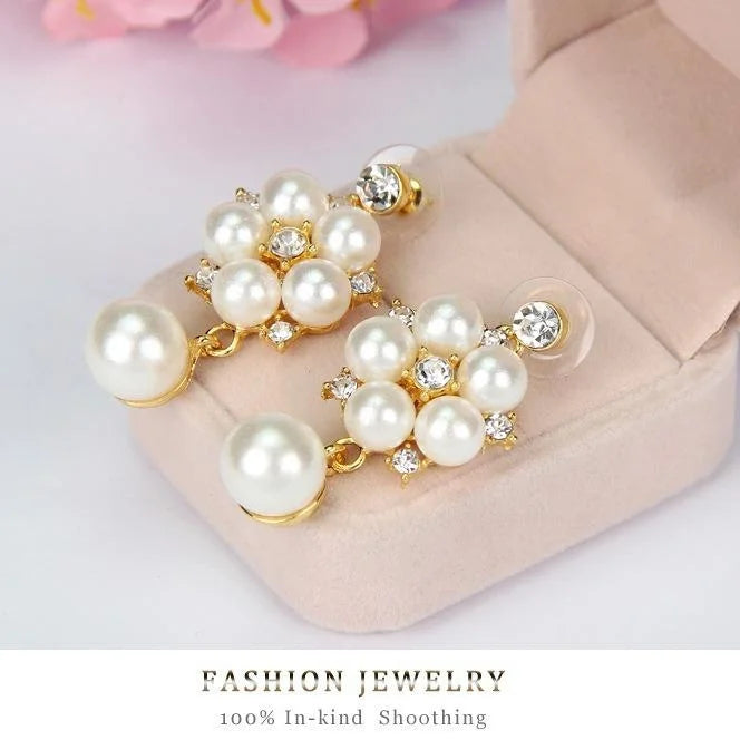 Elegant Pearl Rhinestone Flower Necklace And Earrings Jewelry Set Gold Alloy Bridal Jewelry For Wedding Party Gift