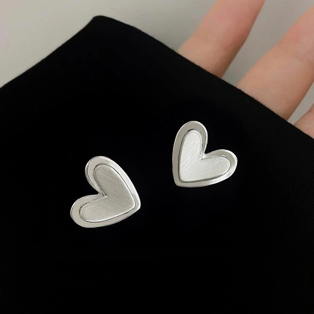 Korean Minimalist Brushed Double Layer Heart Copper Stud Earrings With Silver Plated Pins