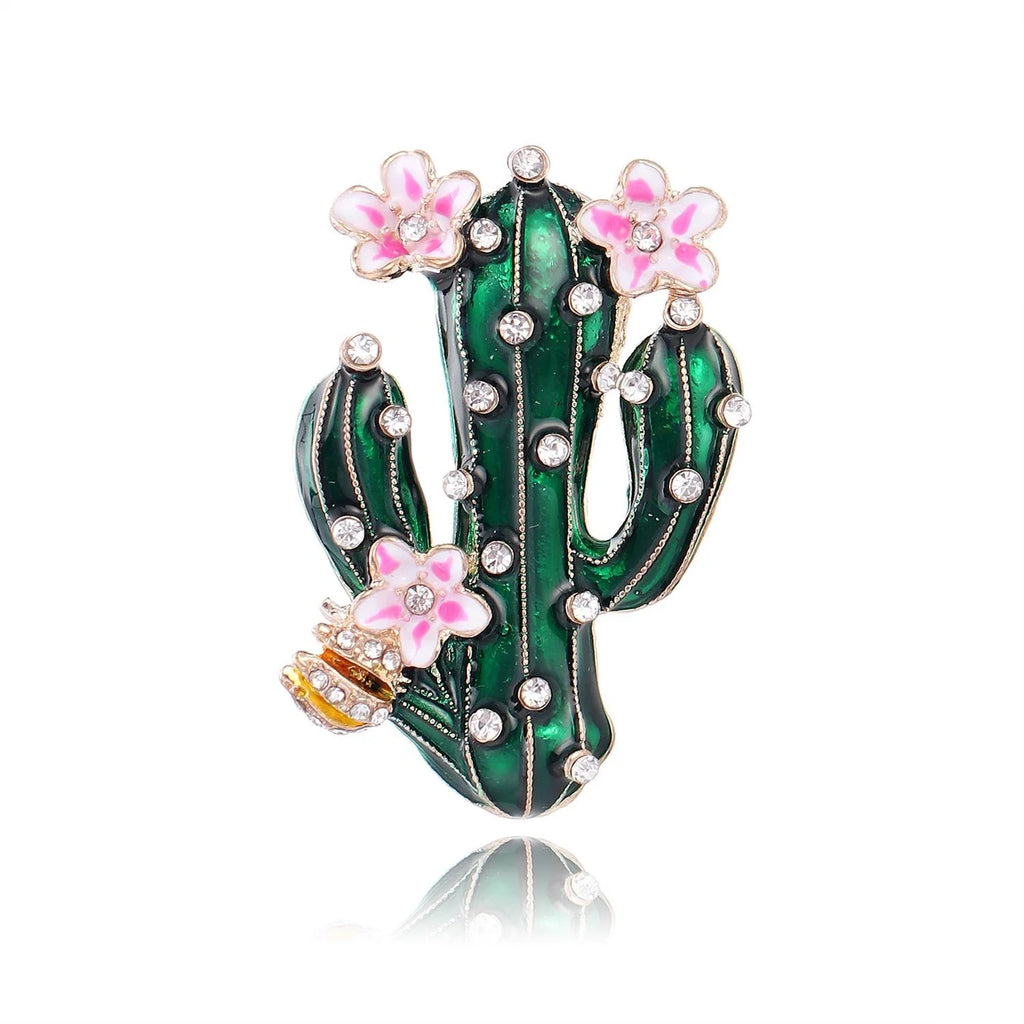 Elegant Enamel Cactus Alloy Rhinestone Brooch With Pink Flowers, Women's Lapel Pin Sweater Suit Gift