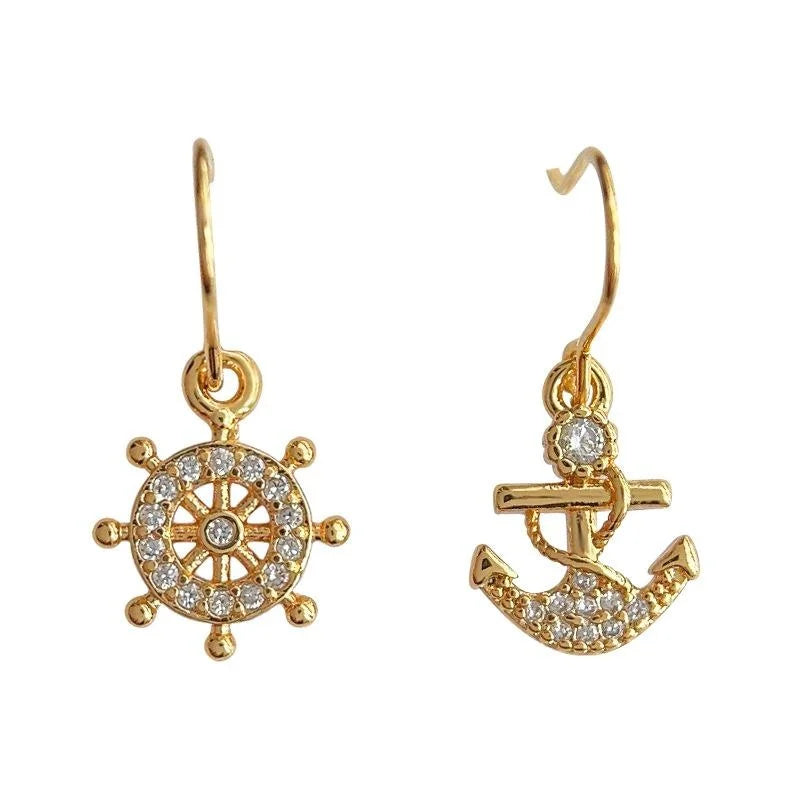 18K Gold Plated Copper Asymmetric Anchor And Ship Wheel Drop Earrings Light Luxury