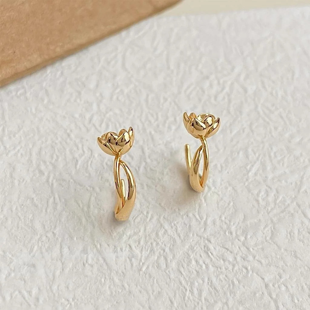 Minimalist Copper Lotus Flower Stud Earrings For Women Elegant Commuter Jewelry