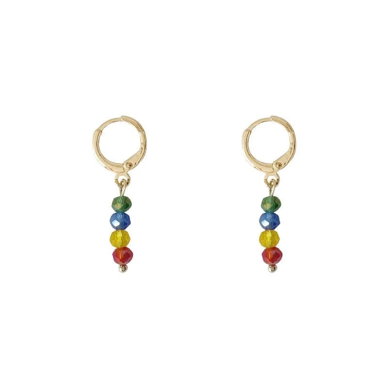 Handmade Sweet Summer Candy Color Glass Crystal Beaded Tassel Drop Earrings With Copper Geometric Design