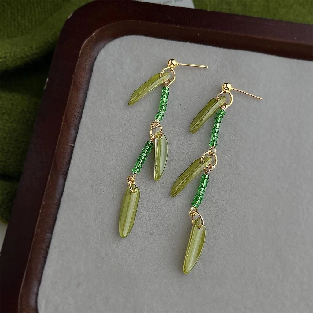 Handmade New Chinese Green Glass Crystal Beaded Bamboo Leaf Tassel Drop Earrings Pastoral Fresh Style