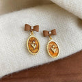 High End Maillard Brown Bow Tassel Drop Earrings With Rhinestone Resin Lacquer