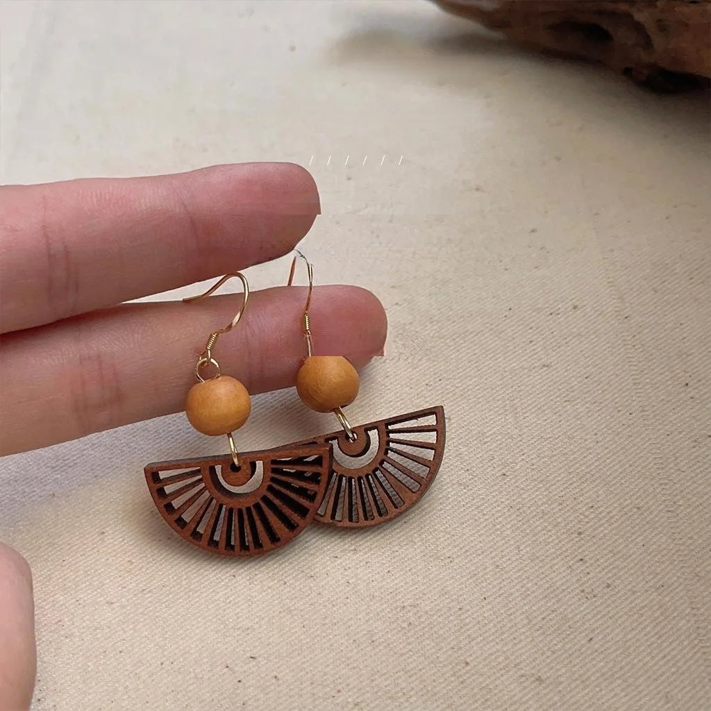 Vintage New Chinese Style Handmade Fan Shaped Copper Drop Earrings With Silver Plated Pins