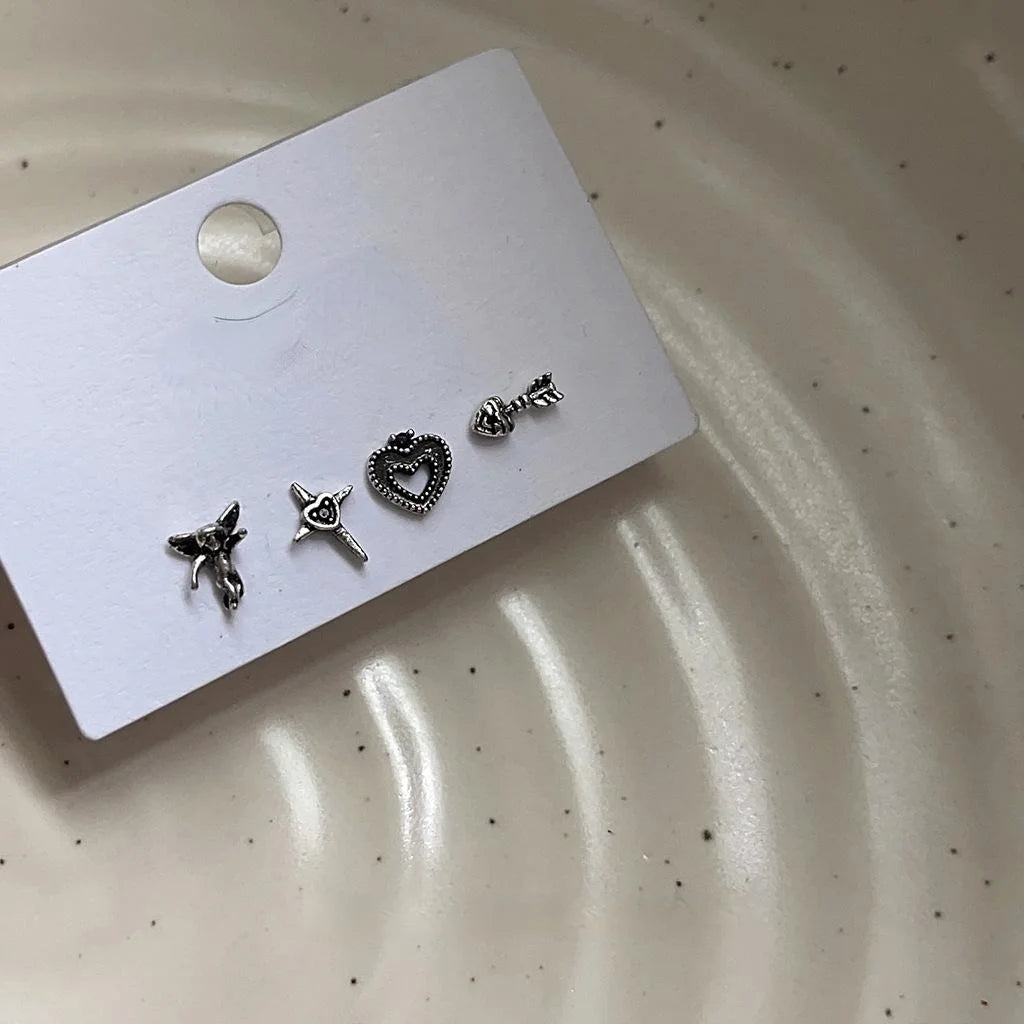 Antique Silver Tone Copper Heart Cupid Arrow Stud Earrings 4 Piece Vintage Mini Cross Jewelry
