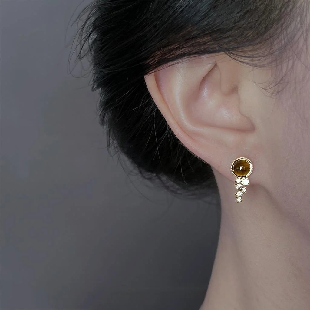 14K Plated Copper Tiger Eye Stone Zircon Round Stud Earrings