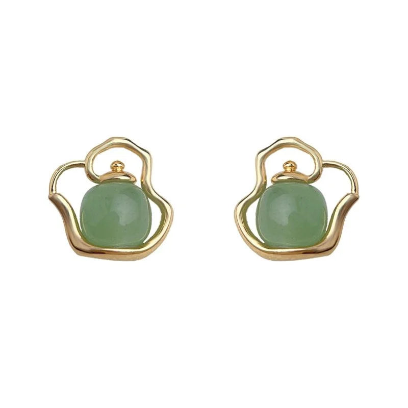 Designer Natural Aventurine Jade Teapot Stud Earrings 14K Plated Copper New Chinese Jewelry