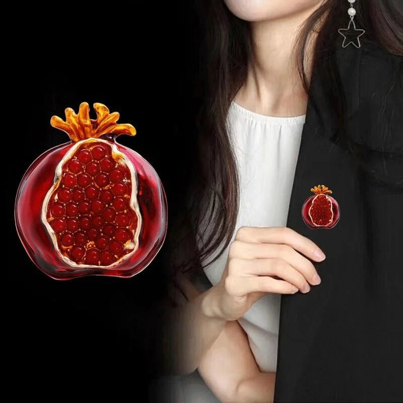 Elegant Enamel Pomegranate Brooch With Red Rhinestone Beads, Luxury Lapel Pin Corsage Suit Accessory Gift