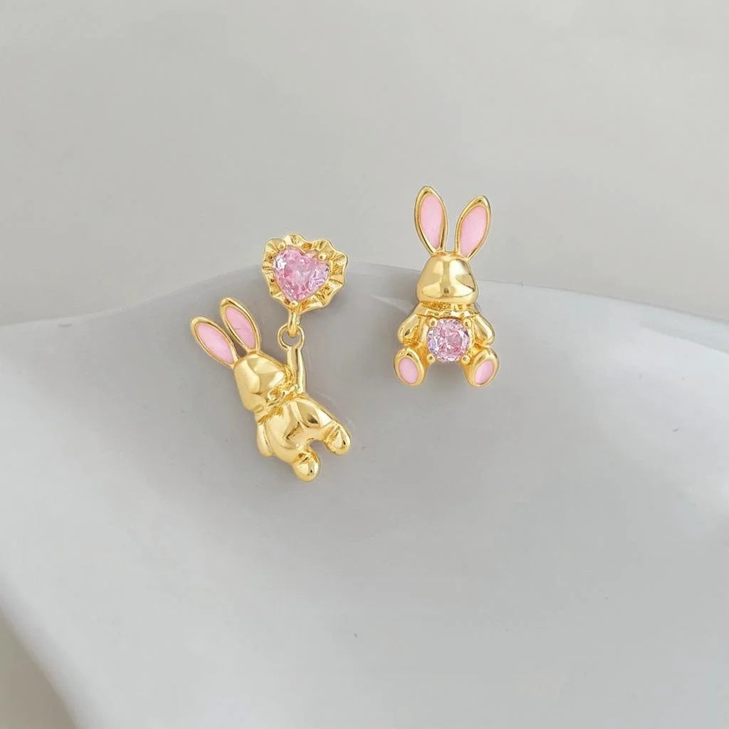 Cute Asymmetric Rabbit Drop Earrings With Zircon Inlay, Enamel Copper