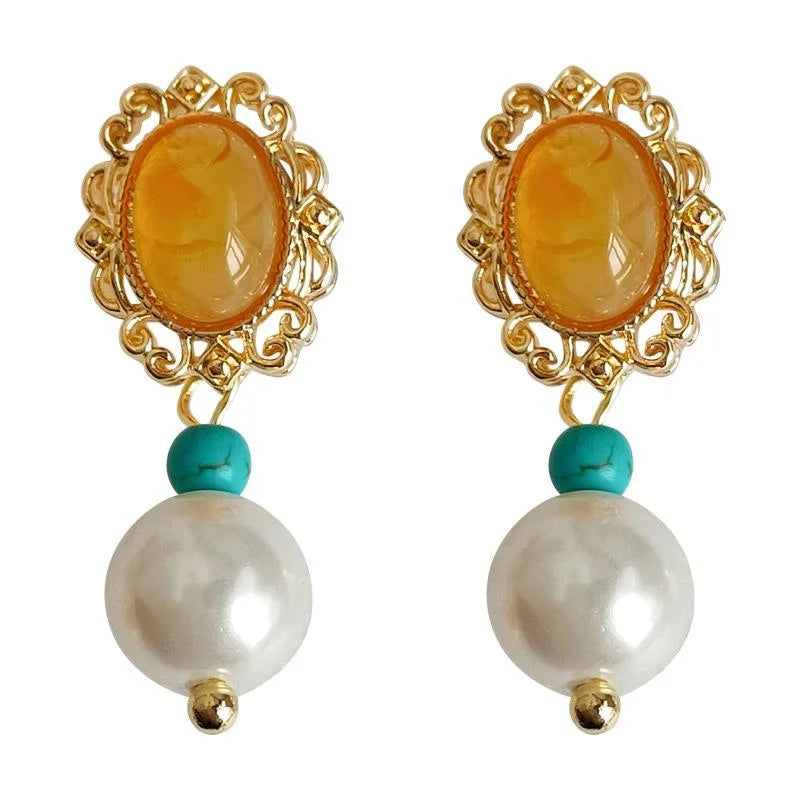 French Vintage 14K Gold Plated Copper Pearl Oval Floral Drop Earrings