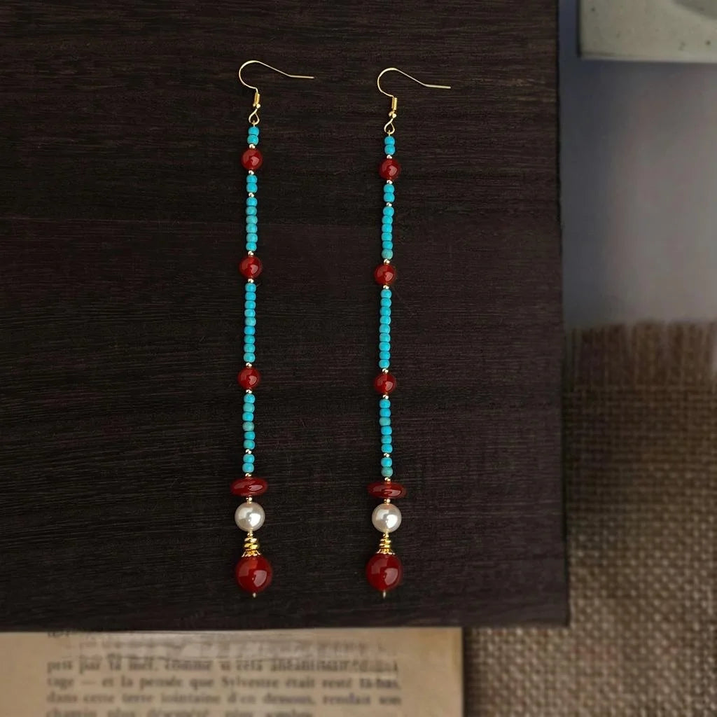 Long Tassel Drop Earrings With Synthetic Turquoise And Red Agate Geometric Chinese Chic Style