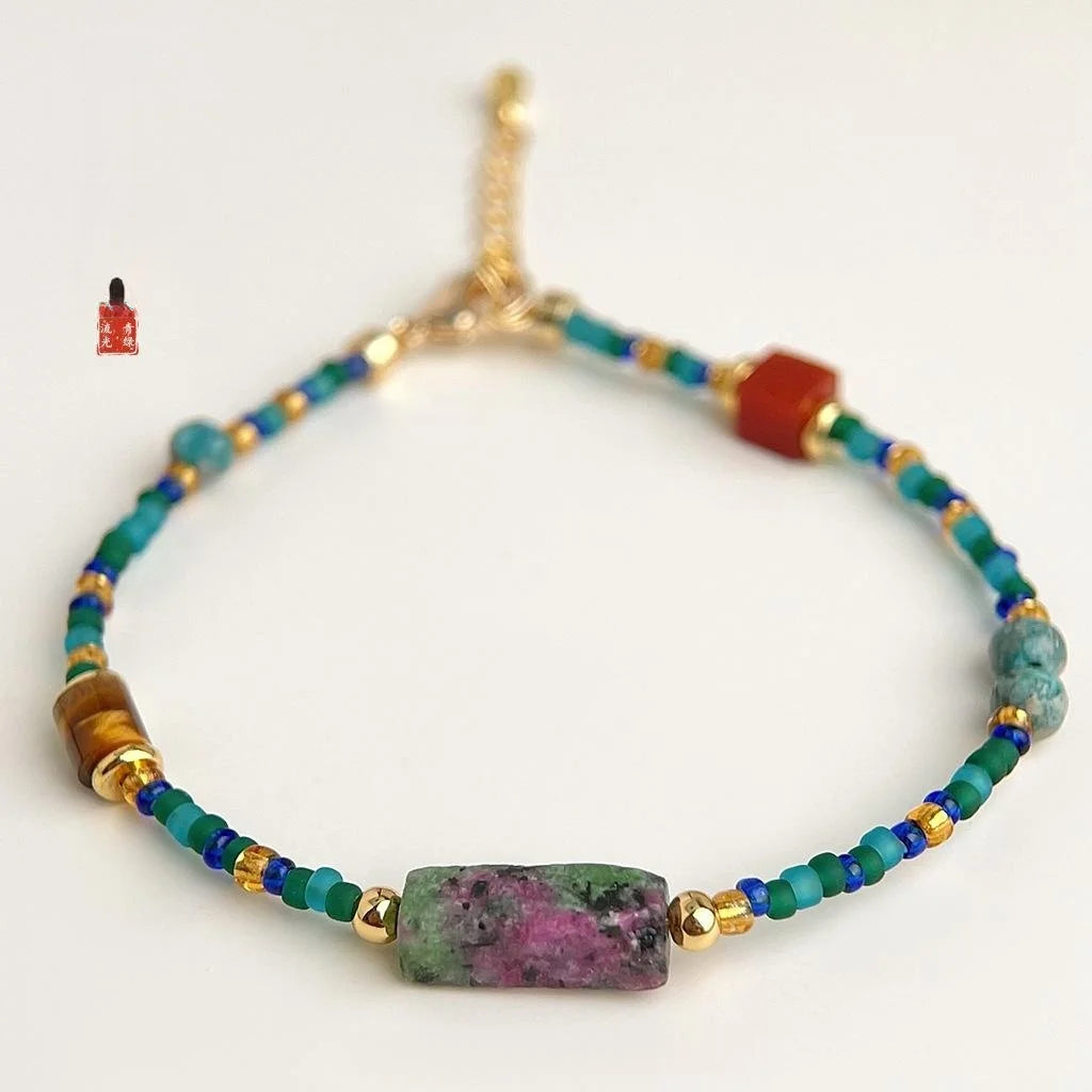 New Chinese Vintage Palace Style Handmade Natural Stone Rice Bead Geometric Bracelet For Women