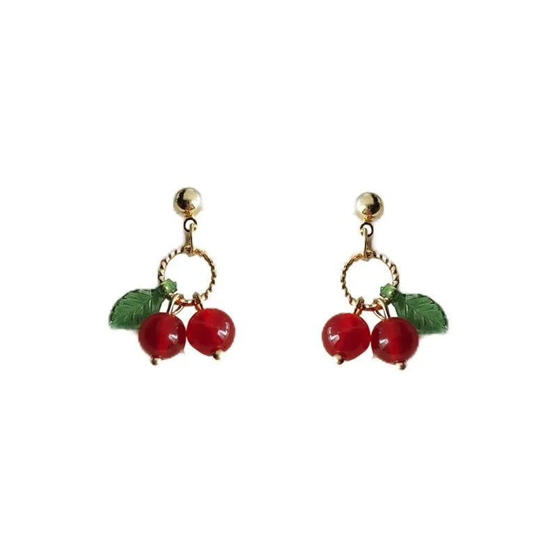 Sweet Cherry Copper Stud Earrings Handmade Forest Style Silver Plated Pin Jewelry