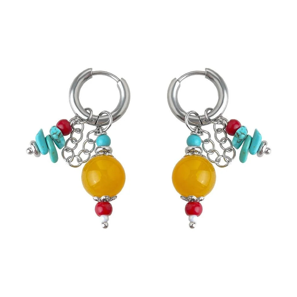2026 New Chinese Style Geometric Colorful Beaded Copper Natural Stone Synthetic Turquoise Tassel Drop Earrings