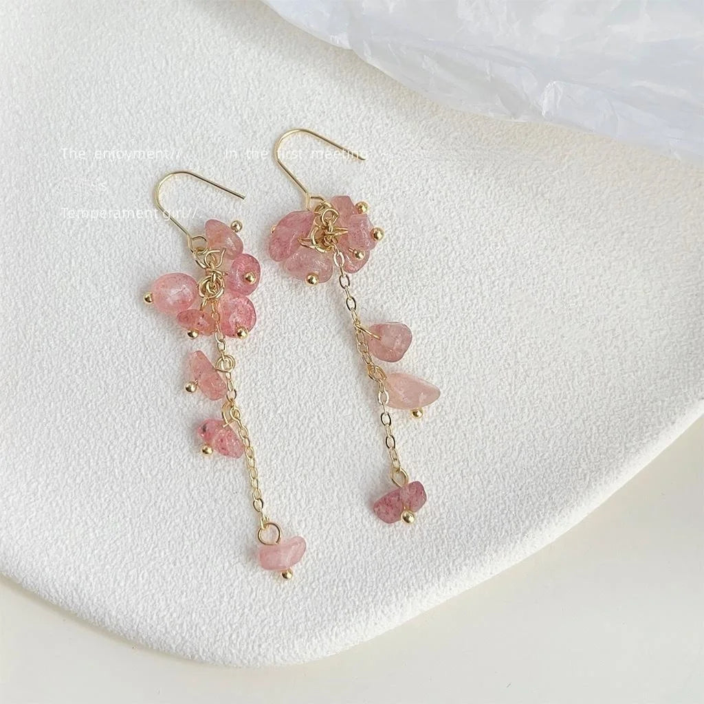 Handmade Strawberry Quartz Chip Stone Tassel Drop Earrings Forest Style Geometric Jewelry