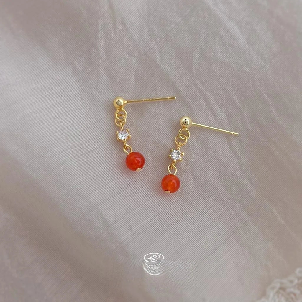 Mini Red Agate Zircon Tassel Drop Earrings, Geometric Copper Light Luxury Jewelry