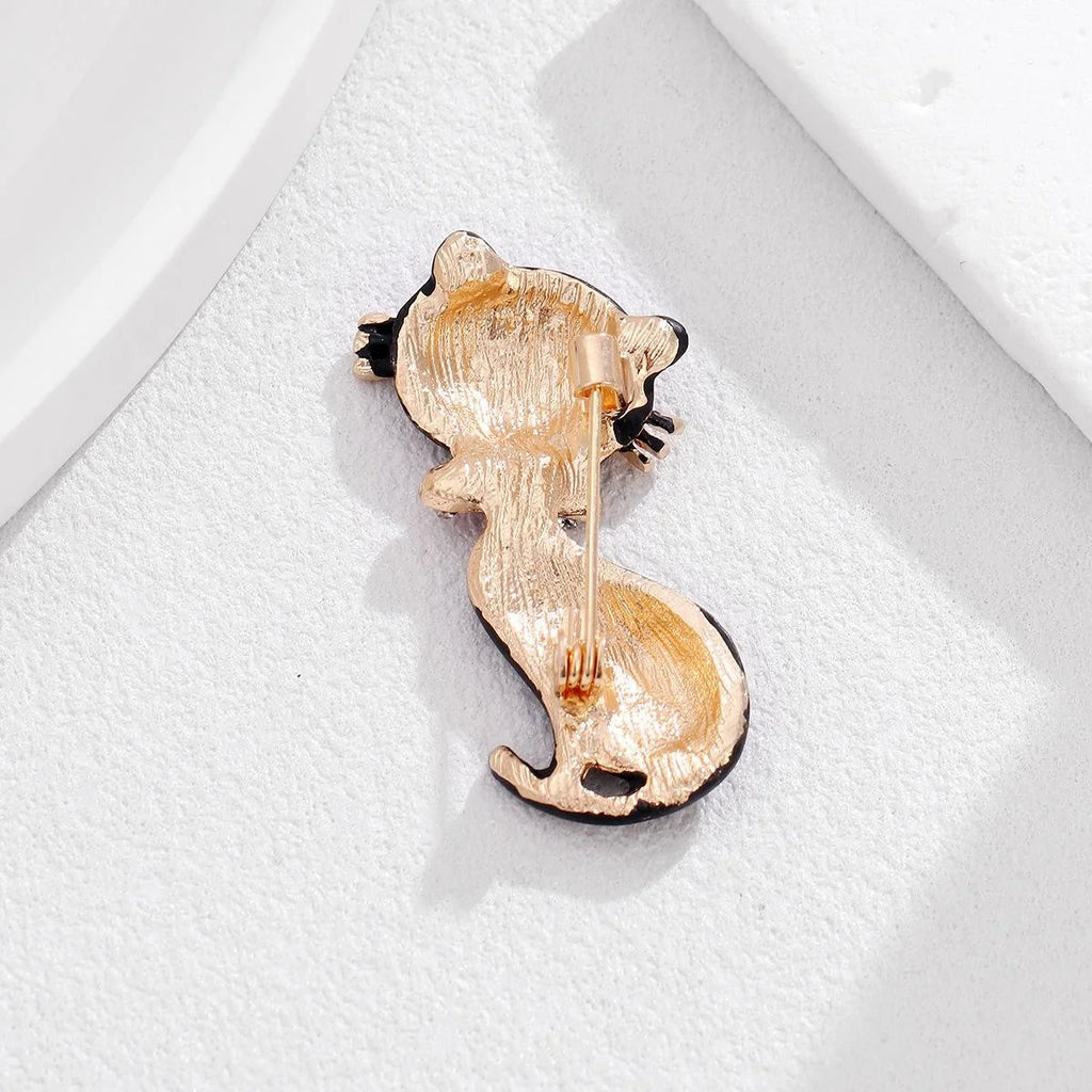 Cute Black Cat Enamel Brooch With Rhinestone Collar, Elegant Alloy Lapel Pin Corsage Gift For Women
